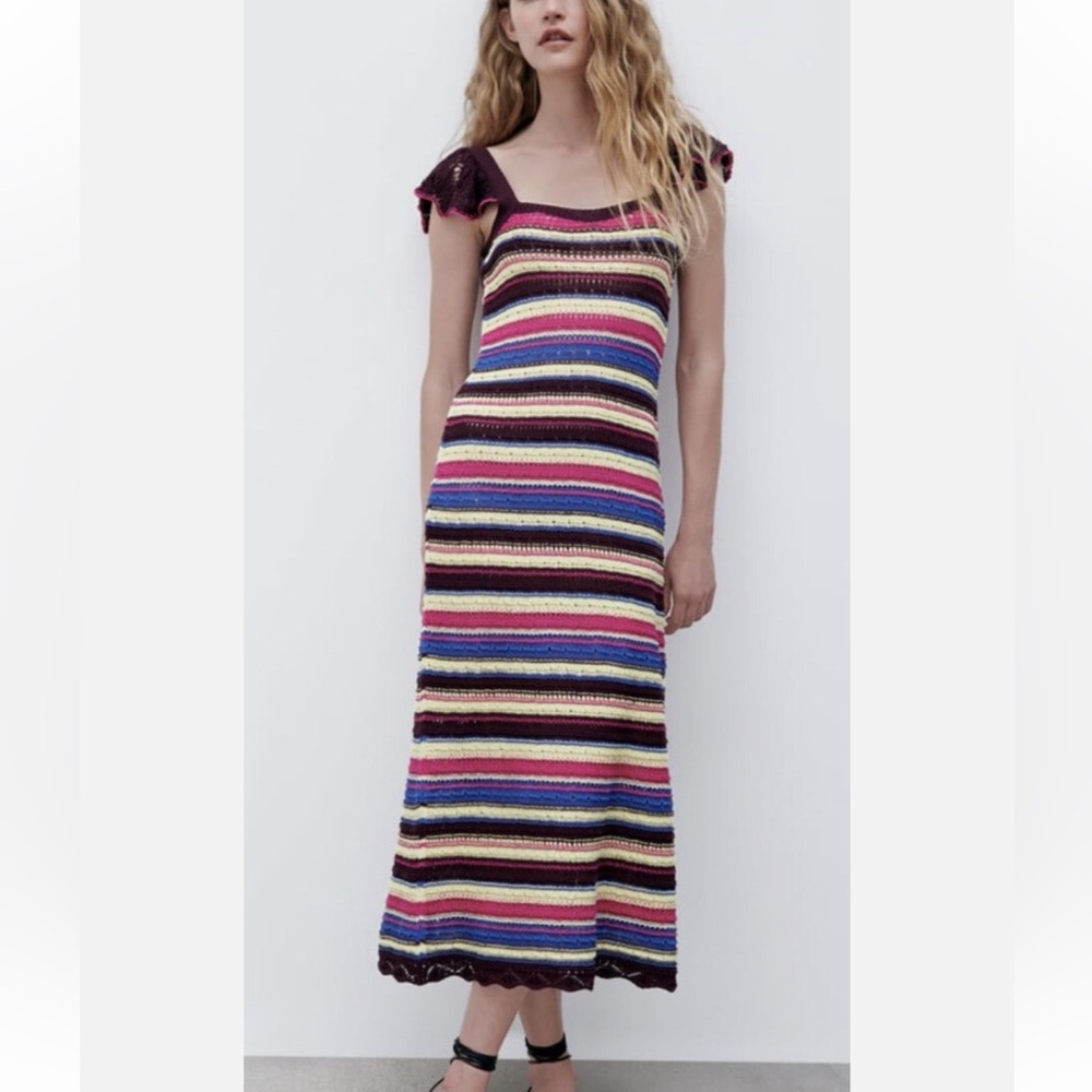 Zara Special Edition crochet knit striped maxi dress ruffled straps size small
